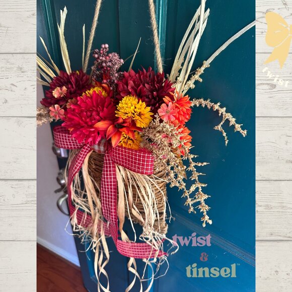 Handmade Basket Wreath with Faux Flowers & Beaded Ribbon: Year-Round Door Decor - Picture 4 of 5